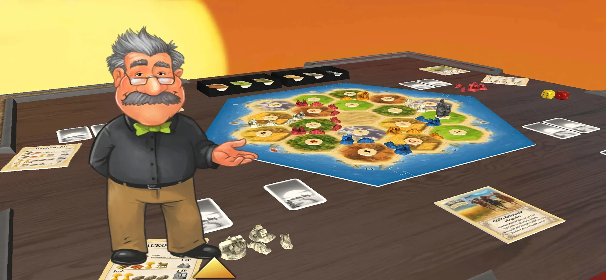 The previous version in the tutorial app: the CATAN narrator walks through the rules at the assembled board.