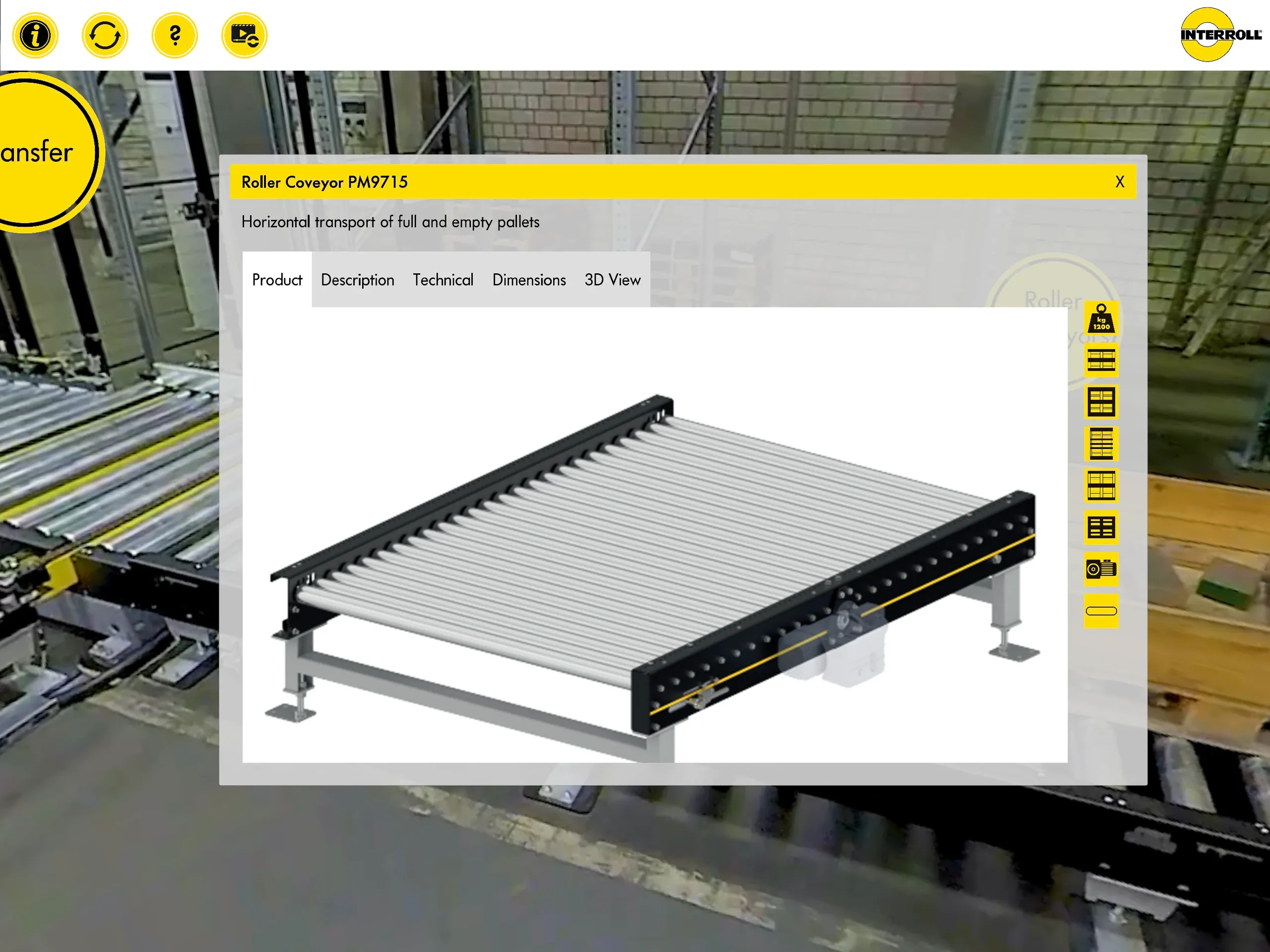 The app displays conveyor technology such as the Roller Conveyor PM9715 in 3D – including technical data and dimensions.