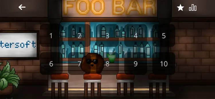 The screenshot shows Muddini sitting in a bar. Above Muddini hangs a neon sign reading "FOO BAR".
