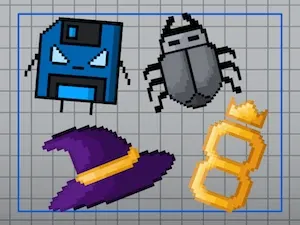 The image shows a blue floppy disk, a stylised bug, a witch's hat and the number eight wearing a crown.