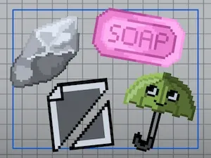 The image shows a stylised stone, an umbrella with a face and a bar of soap labelled "SOAP".