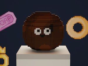 The image shows a 3D mud ball in voxel style with a friendly face.