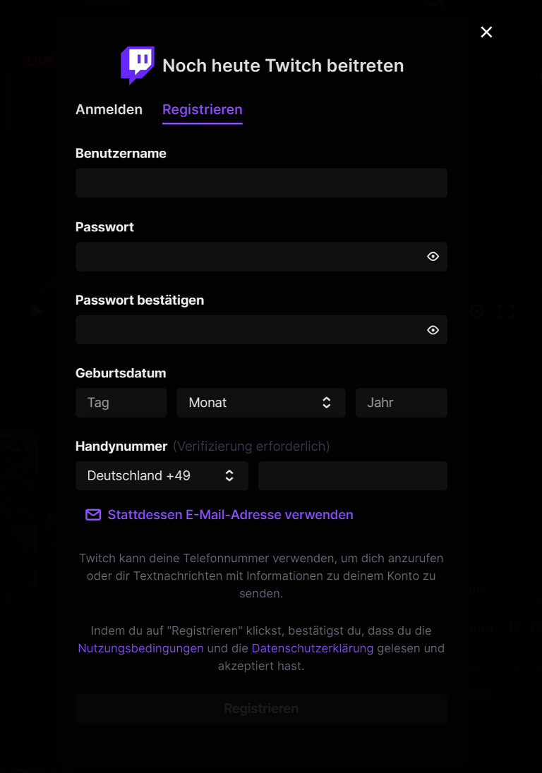Twitch registration window
