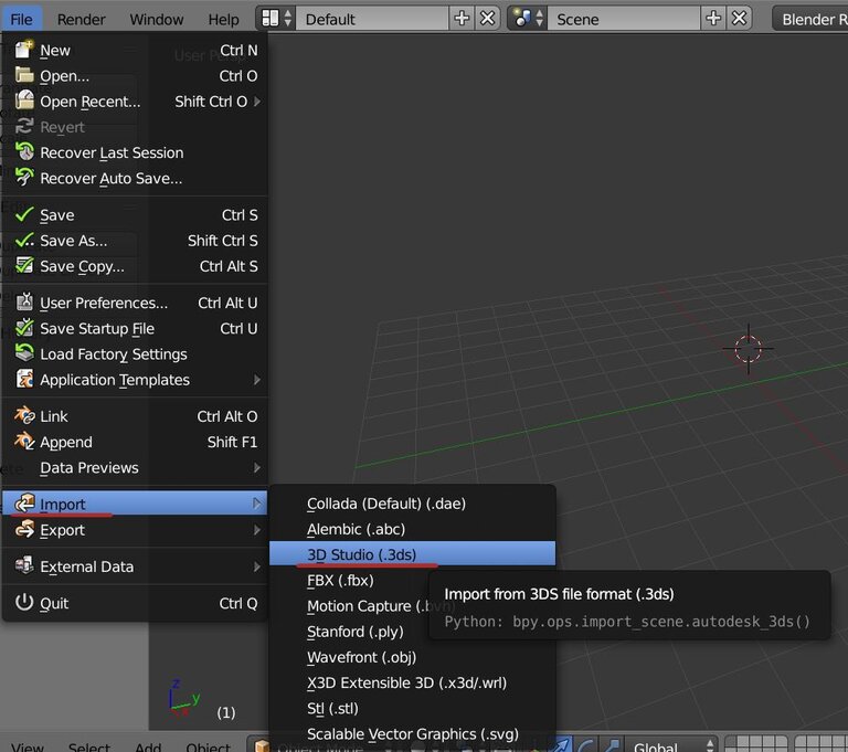 Expanded menu in "File," where "Import" and "3ds file" are highlighted in red.
