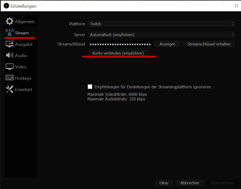 Stream settings in OBS Studio