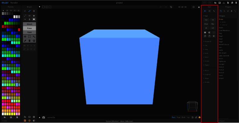 The Edit area to the right of the 3D display is outlined in red