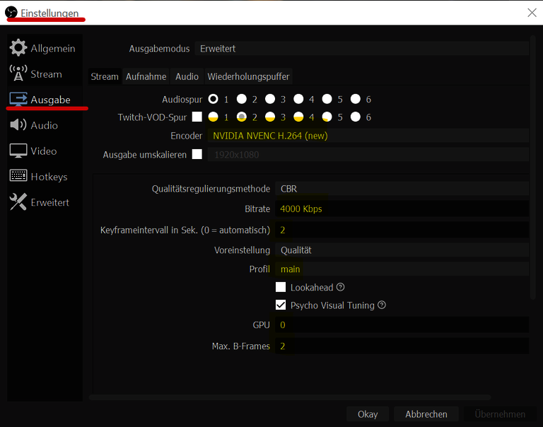 Output settings in OBS Studio