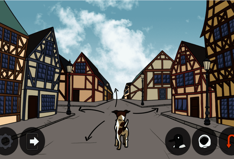 Spielausschnitt-aus-dem-Spiel-Flockes-Labyrinth Das Bild zeigt Flocke an einer Viererkreuzung mit Pfeilen. Unten links und rechts befinden sich verschiedene Buttons.