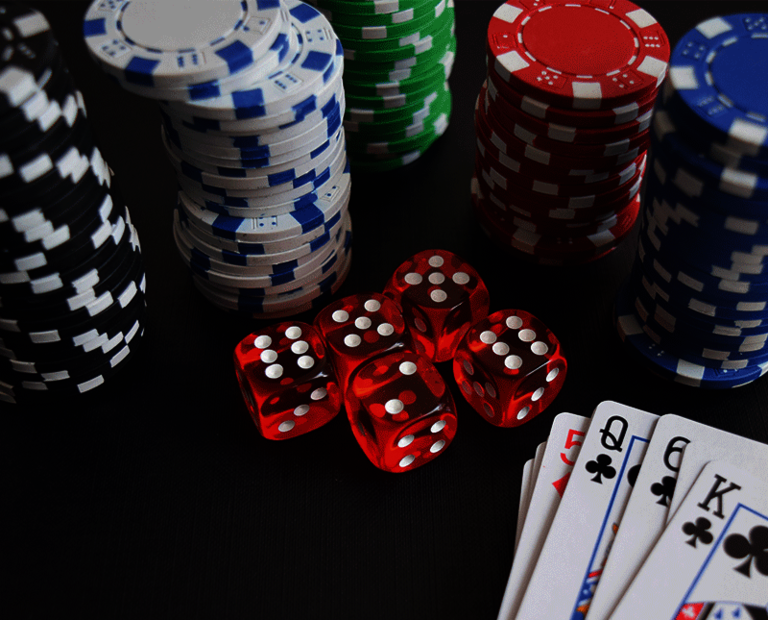 Playing cards, dice and chips