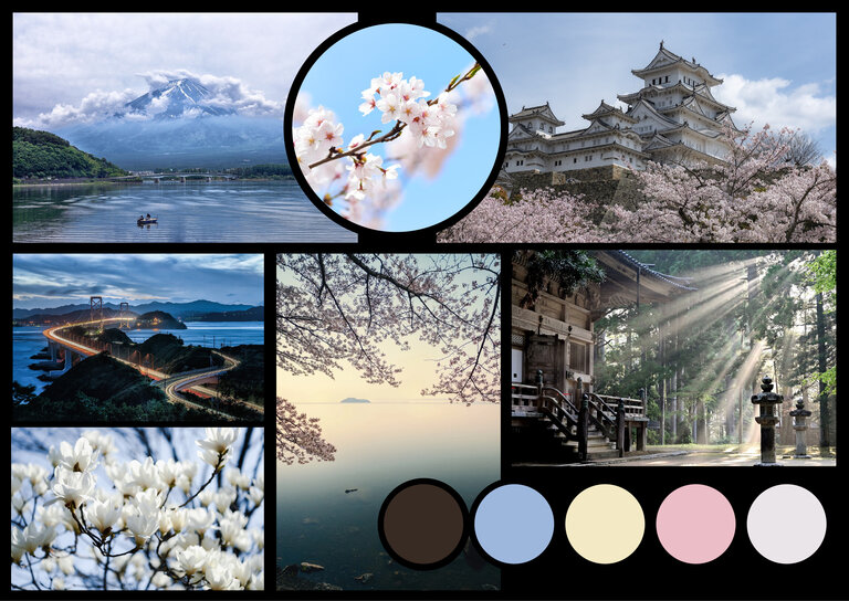 A mood board of a cold, Japanese landscape.
