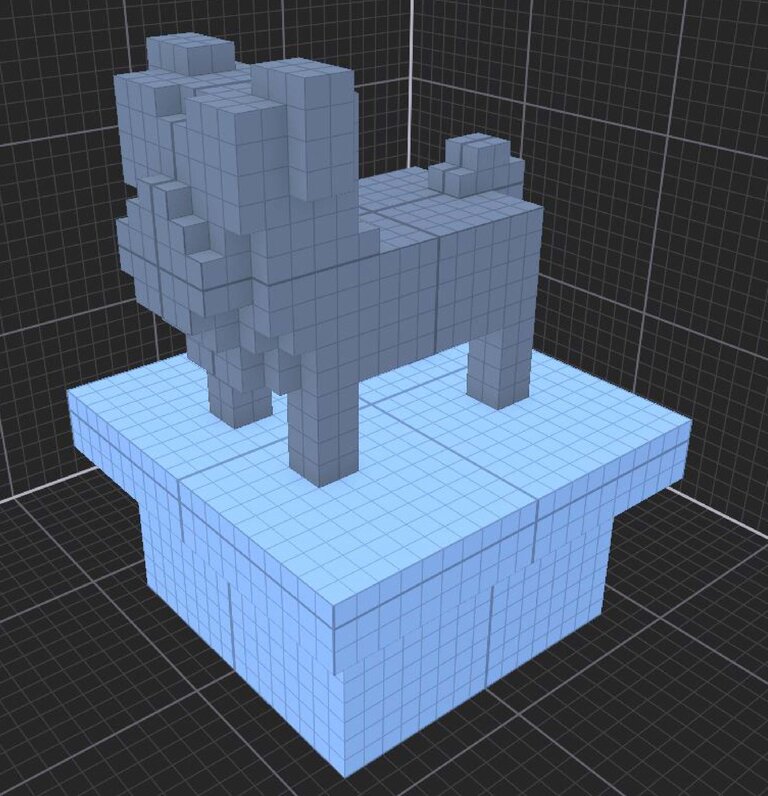 Gray dog ​​on half a blue column