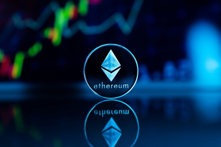 Ethereum Münze mit Statistik im Hintergrund