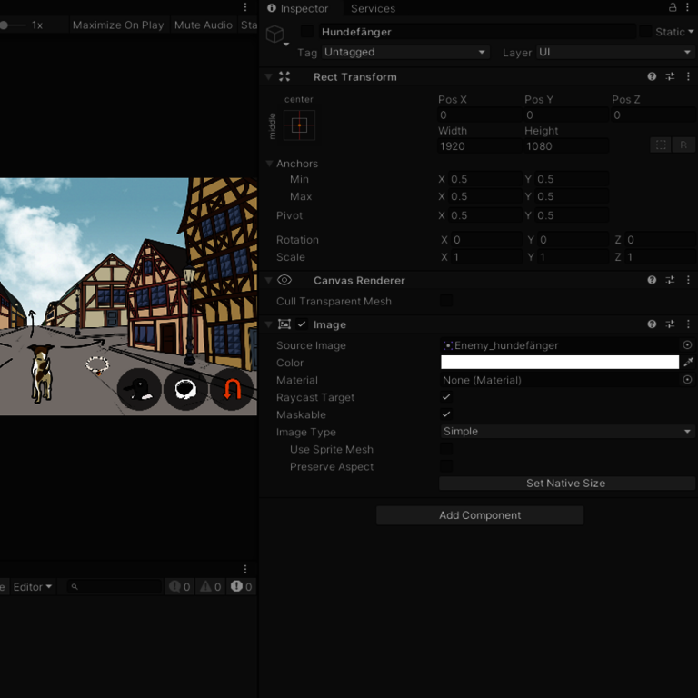 Einfügen-von_Hundefänger-Bild Komponenten des Hundefängers im Inspector in Unity