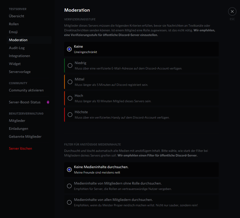 Das Einstellungsmenü, mit den Moderationsmöglichkeiten