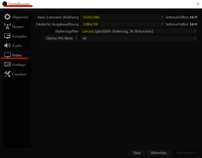 Video settings in OBS Studio