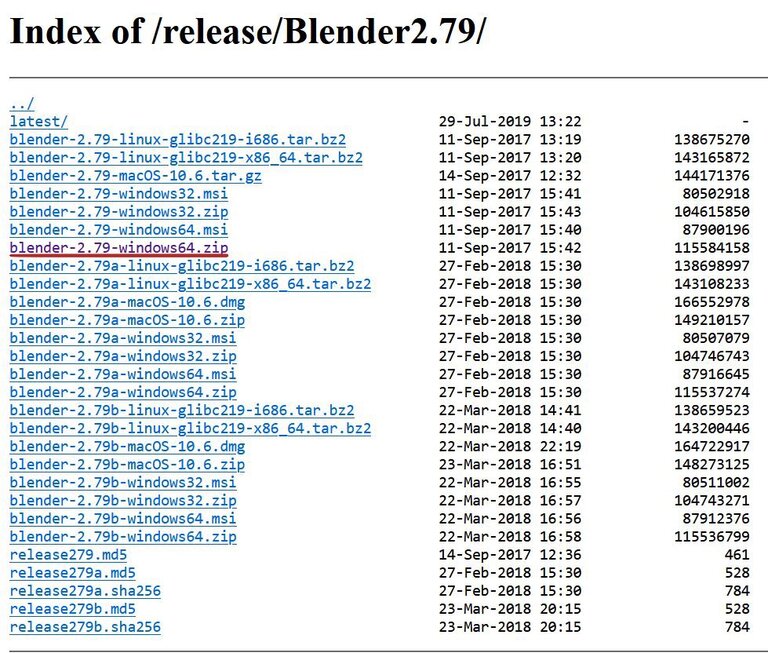 List of all operating systems for which Blender version 2.79 can be downloaded.