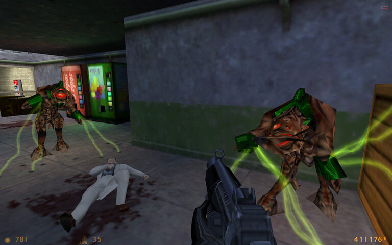 First Person View in Half-Life, two aliens stand in front of the player