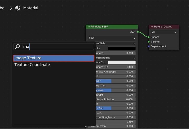Pop-up window where "Image Texture" is highlighted in red.