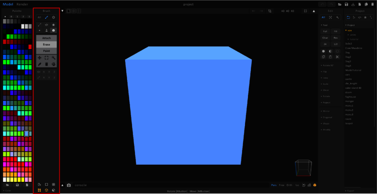 The Brush area to the right of the palette is outlined in red in the workspace