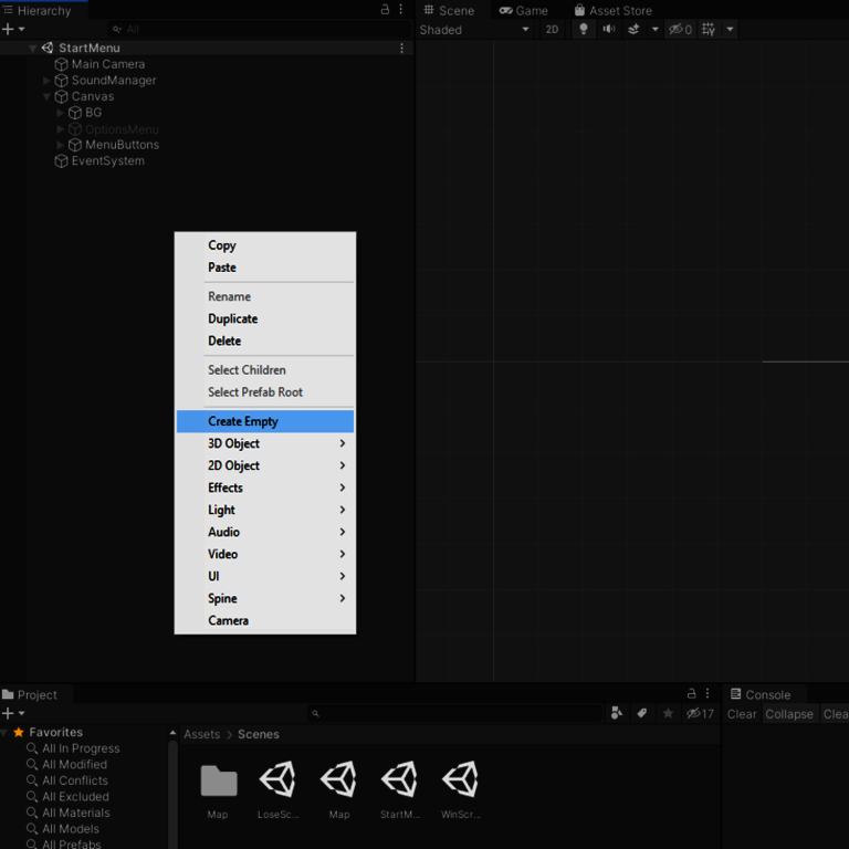 Hintergrunderstellung-in-Unity Erstellung eines Hintergrunds in der Hierachy in Unity
