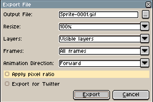 Aseprite export window