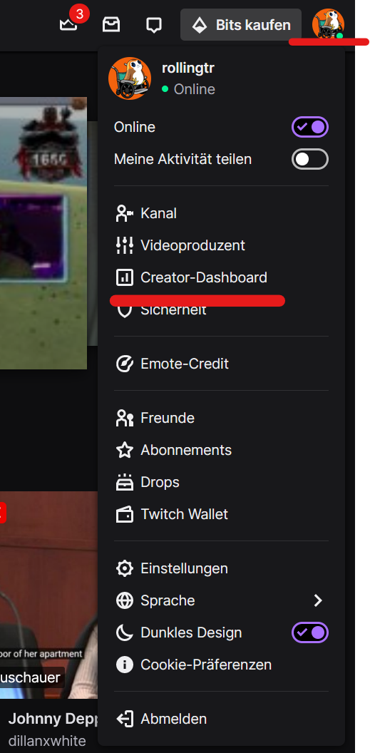 Profile settings on Twitch