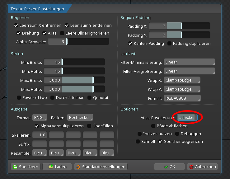 Textur-Packer-Einstellungen-in-Spine Textur-Packer-Einstellungen in Spine