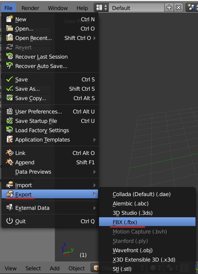 Expanded menu in "File," where "Export" and "FBX" are highlighted in red.
