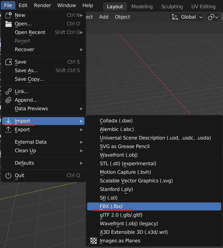 Expanded menu in "File," where "Import" and "FBX" are highlighted in red.