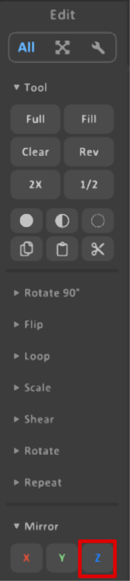 In the Edit area, the Mirror option is expanded, with a red frame around the letter Z