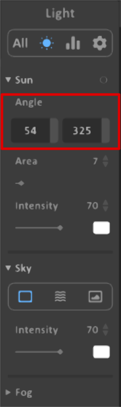 The Light area in Render mode, Angle is highlighted under option sun