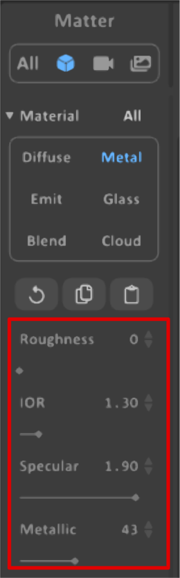 Matter area with the Material option expanded. The Metal material is selected and the settings below are outlined in red