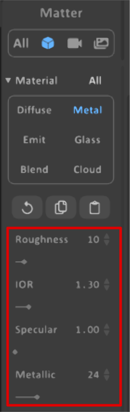 The Matter section with the Material option expanded. The Metal material is selected and the settings below are highlighted