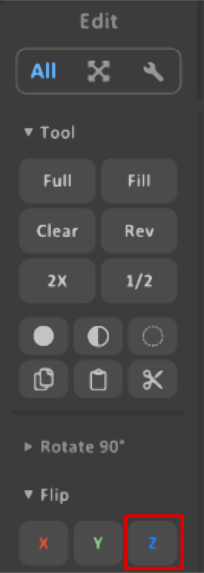 In the Edit area, the Flip option is expanded, with a red frame around the letter Z