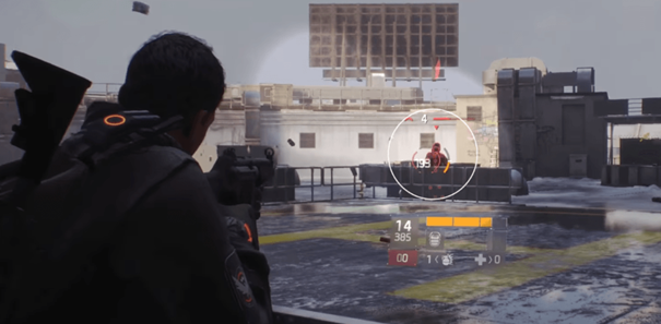 A screenshot from the game Tom Clancy's: The Division. Different UI elements are arranged on the image. These include ammunition, health points and grenades. An enemy is targeted from behind cover. The perspective consists of an ‘over the shoulder’ shot. One third of the screen is blocked by the player character.