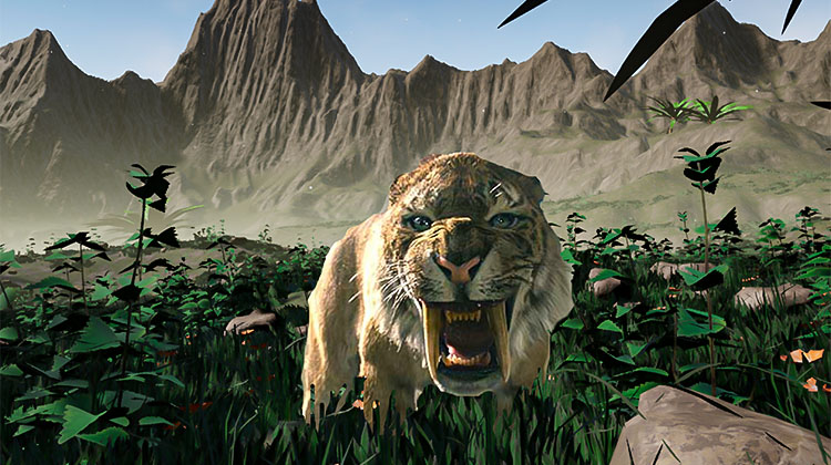 Beast Of Prey – Game-Grafik Zu Sehen ist ein Löwe, welcher aus Gestrüpp springt. Das Bild ist ein In-Game-Screenshot von “Beast Of Prey”, einer Spieleproduktion von Studio Merkas. Das Spiel wurde mit der Unreal Engine für die KAT VR entwickelt.