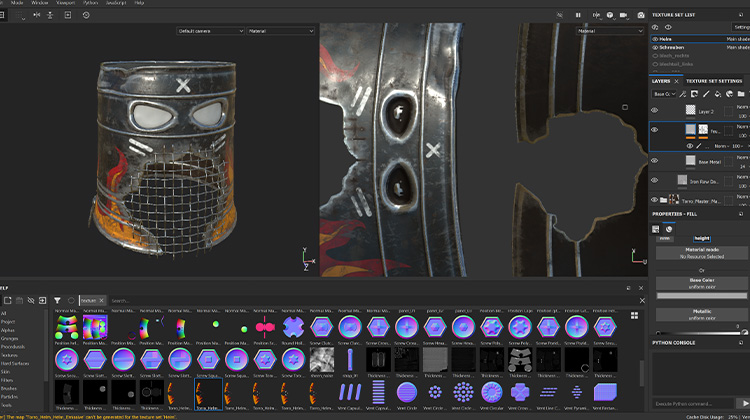 UI der Unreal Engine Der Screenshot zeigt das User Interface der Unreal Engine, während dem “Making Of” des Helms des “Eisernen Rächers”. Die Texturen und Materialien werden hier einem Mesh zugewiesen