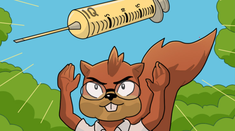 Squirrels-King mit seinem IQ-Serum Das Bild zeigt den Squirrels-King mit einer großen Spritze, mit der Aufschrift "IQ-Serum". Er injiziert dies normalen Squirrels, um seine Soldaten zu erschaffen und die Weltherrschaft an sich zu reißen