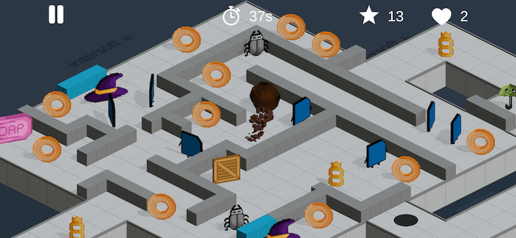 Der Screenshot zeigt Muddini in einem Labyrinth mit verschiedenen Charakteren um ihn herum.