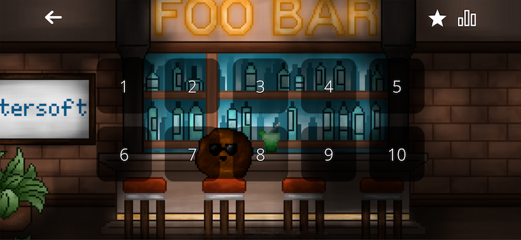 Der Screenshot zeigt Muddini in einer Bar sitzend. Über Muddini hängt ein Neon Schriftzug der "FOO BAR" liest.